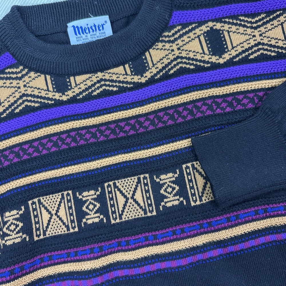 Vtg‎ Meister Sweater Large Black Wool Acrylic Blend Ski Geometric Retro Unisex
